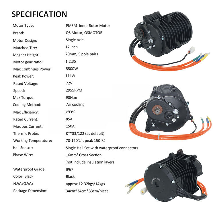 Motors:  QS138 v3, 70H, 72V 3kw Hall Sensor Motor w 428 Sprocket (14T)