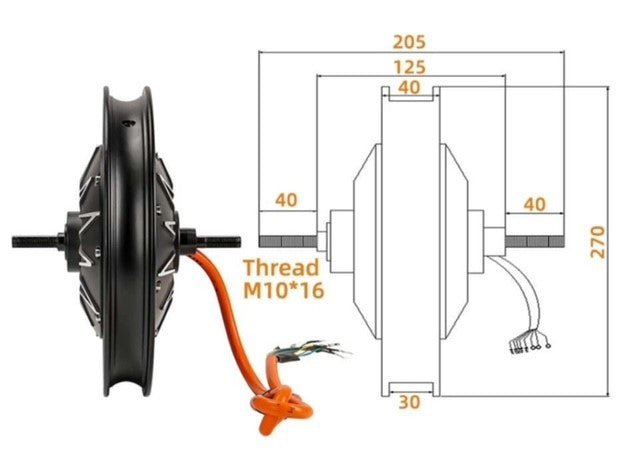 Motors: 14" Hub Motor (10" Motor) w Optional CST 2.75-10 Tire Mounted, 72V 5kw, Single Phase Input