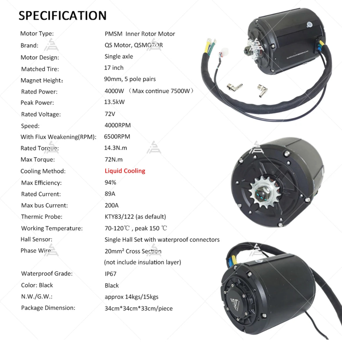 Motors: QS138 90H 72V 4kw Hall Sensor, Liquid Cooled Motor w 428 Sprocket (14T)