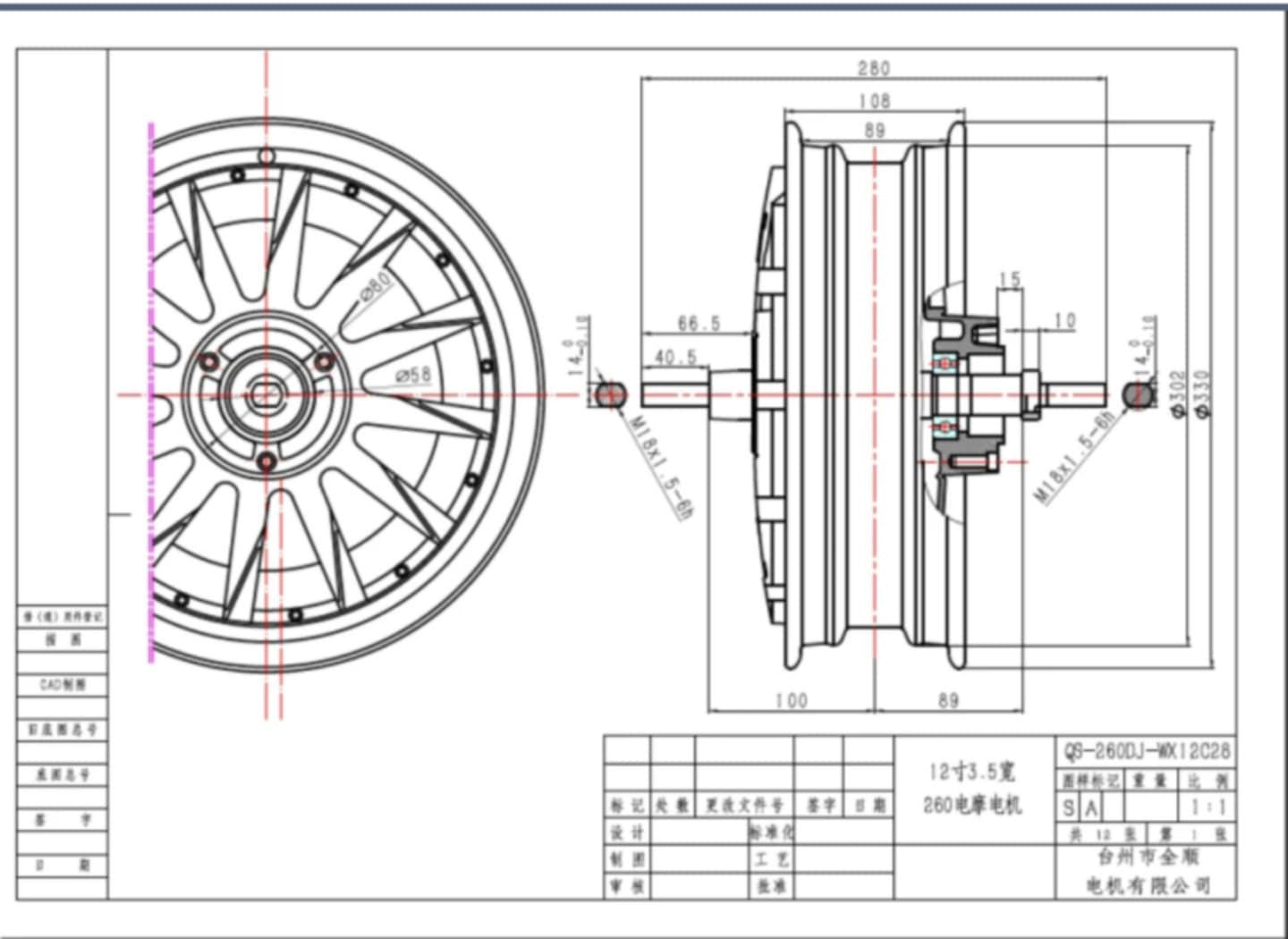 Motor de buje QS de 12", 3000 W, V4, con neumáticos CST 130/70/12 CM806