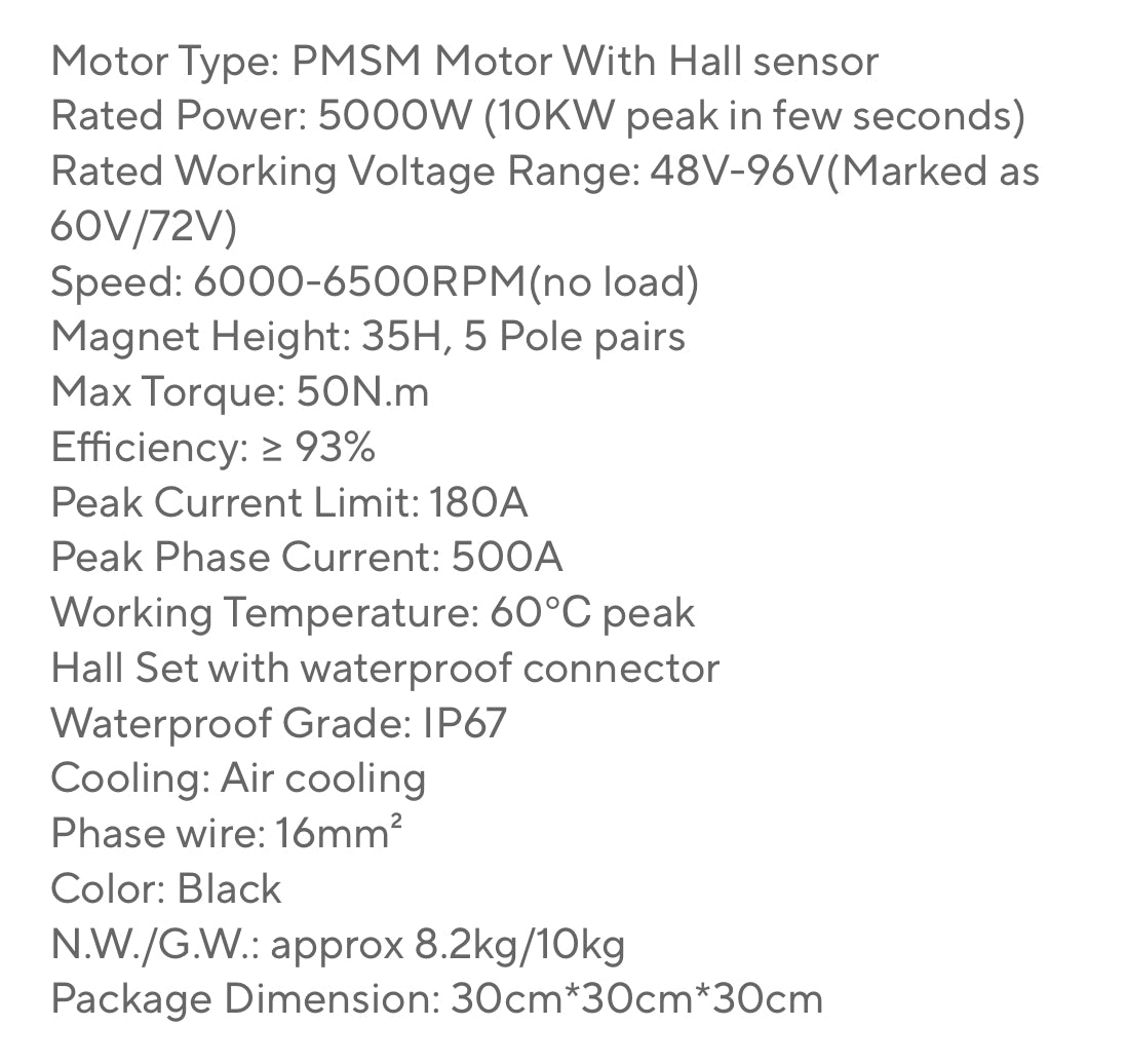 Motors: QS165 v2 72V 35H 5KW Hall Sensor Motor w 428 Sprocket (14T) & LONG Motor Wires