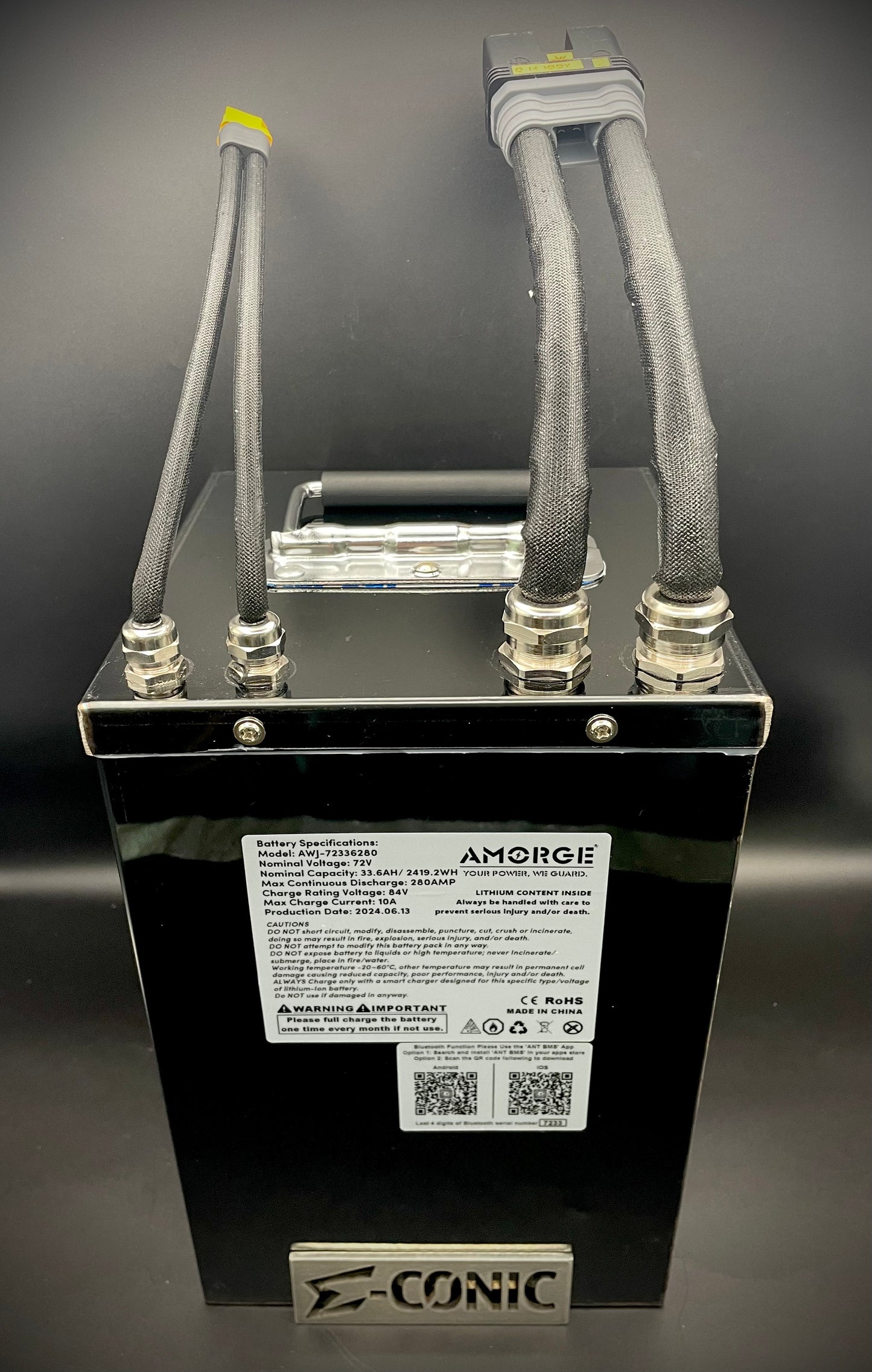 Batería Molicel de 72 V 33,6 Ah (280 A continua) en caja metálica con QS10