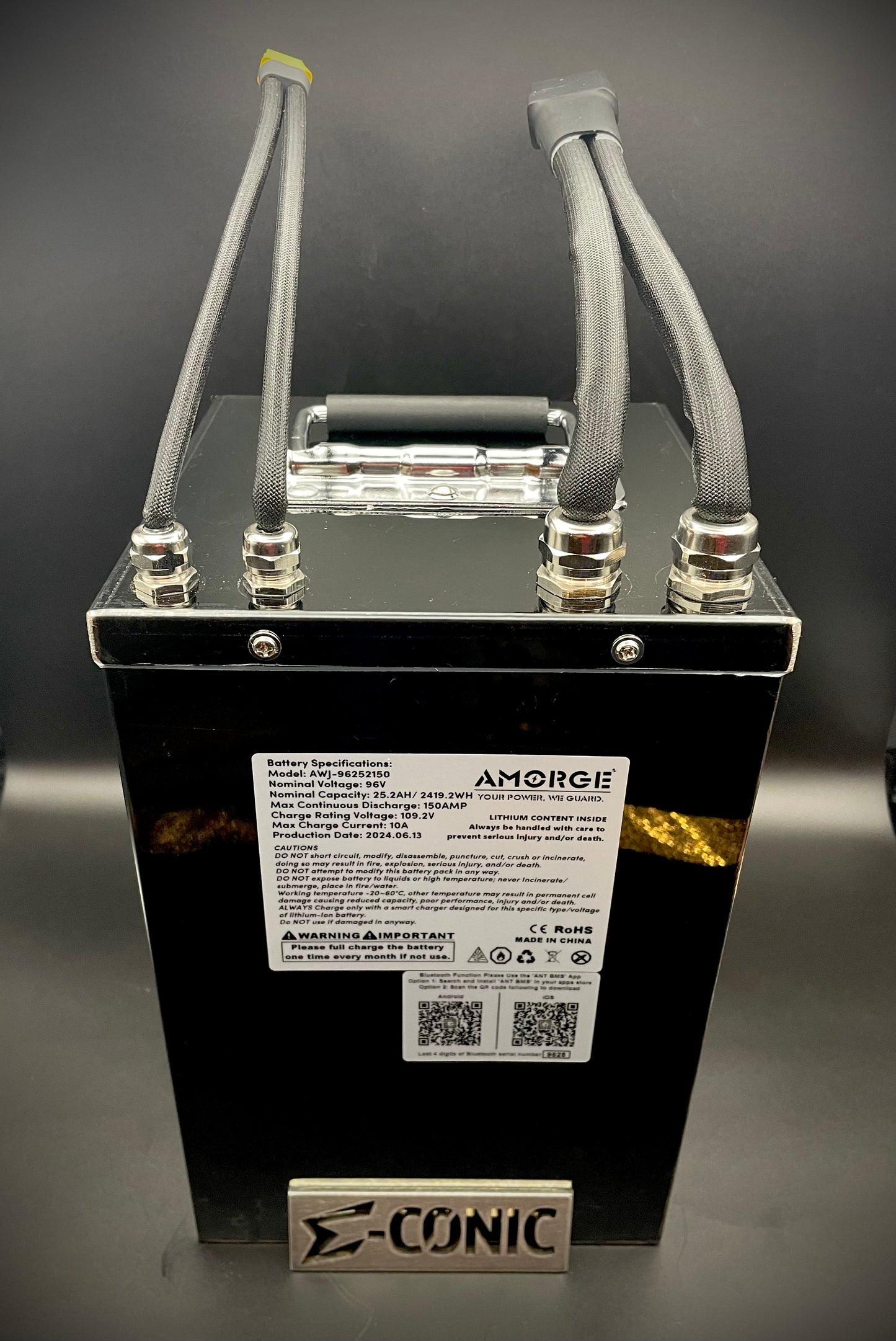 Batería Molicel de 96 V 25,2 Ah (200 A continua) en caja metálica