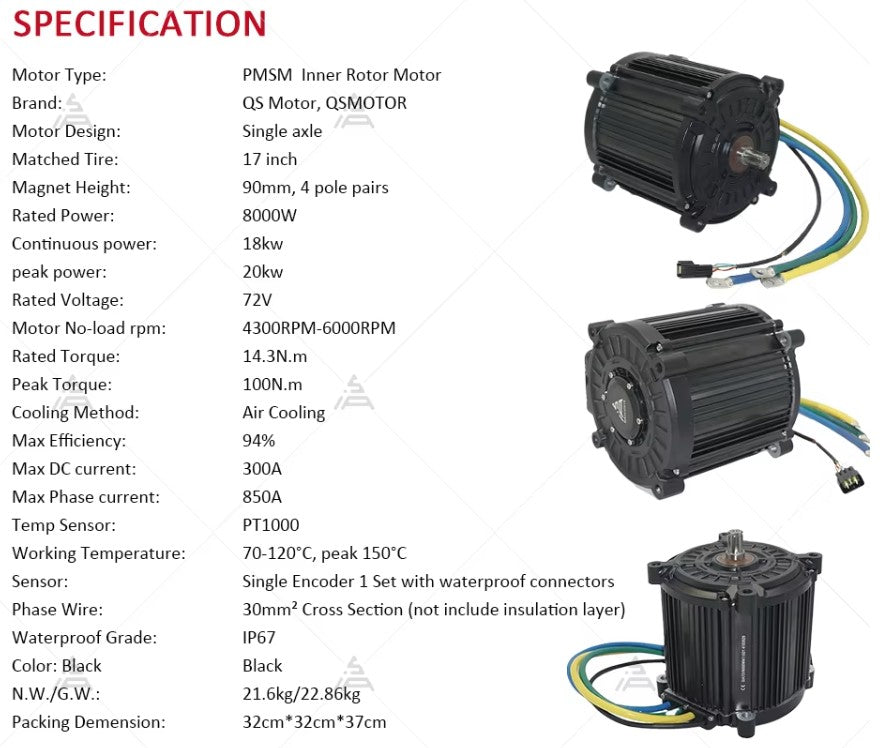 Motors:  QS180 90H, 72V 8kw Encoder Motor w 520 Sprocket (13T)
