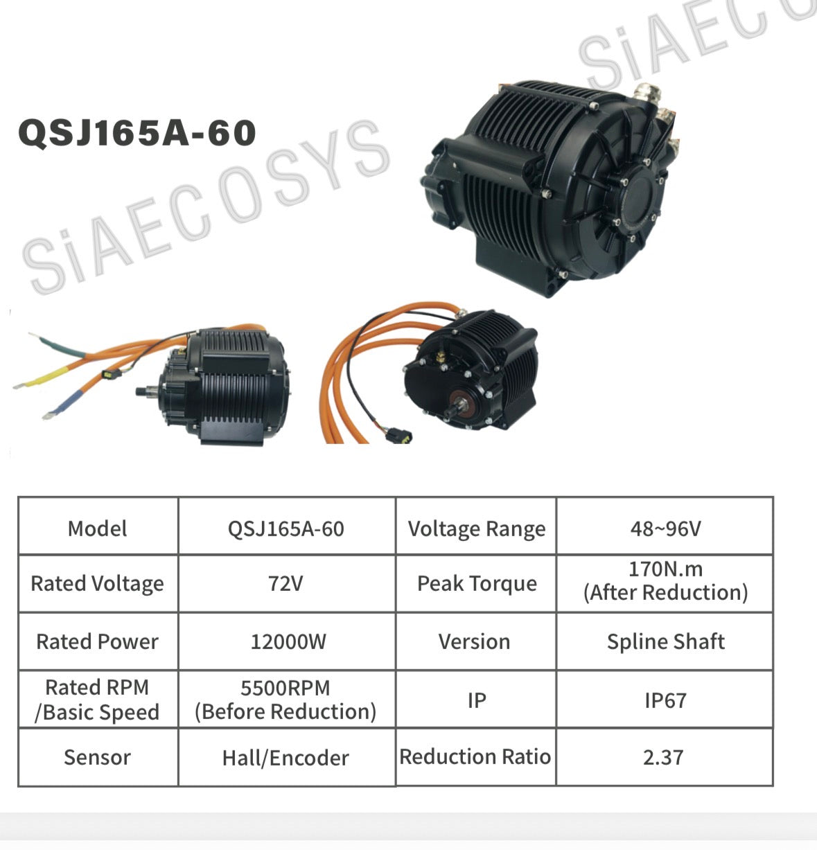 Motors:  QS165 v3, 60H, 12kw Hall Sensor Motor w 428 Sprocket (14T)