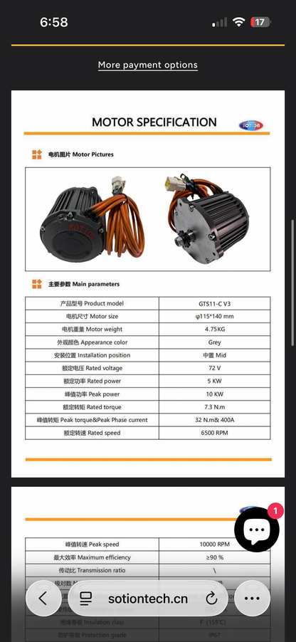 Sotion GTS11-C v3 Motor w 219 12T Sprocket; 72V (Hall Sensor) (Ebox Dragster, MXR, & 48V Mototec Upgrade)