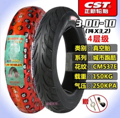 Tires:  CST Tubeless CM537e 3.00 - 10