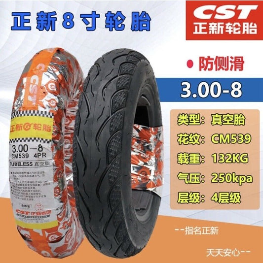 Tires:  CST Tubeless CM539 3.00 - 8