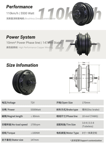 Motors:  12" Lonnyo R4 Hub Motor (8" Actual), 72V 5500w, Single Phase Input, 3.50-8 CST Tire