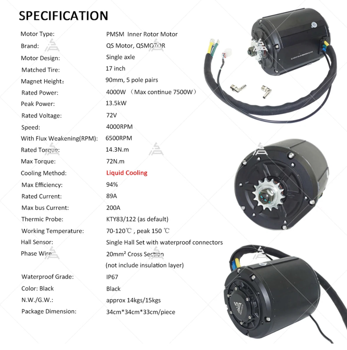 Motors:  QS138 90H 72V 4kw Hall Sensor, Liquid Cooled Motor w 428 Sprocket (14T)