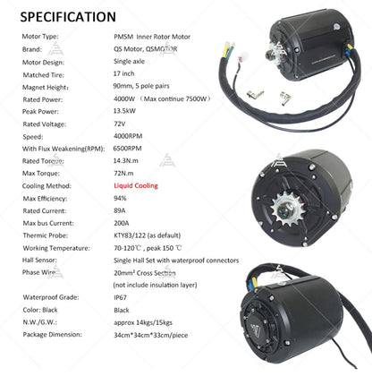 Motors:  QS138 90H 72V 4kw Hall Sensor, Liquid Cooled Motor w 428 Sprocket (14T)