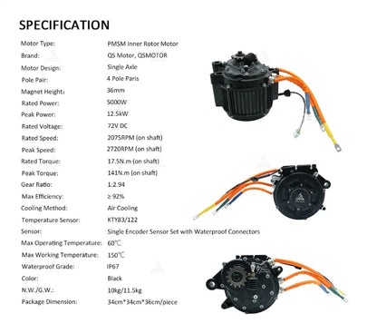 QSJ155A-36, 72V 5KW, Hairpin Encoder Motor with Gear Reduction (1 : 2.94); Inc Motor Plates