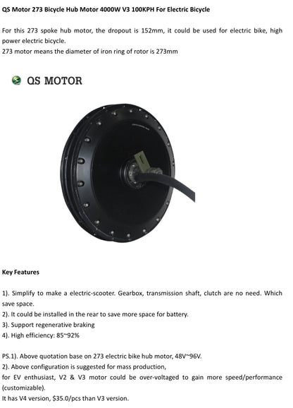 Motors:  QS273v3 40H 3.5T 4kw Hub Motor