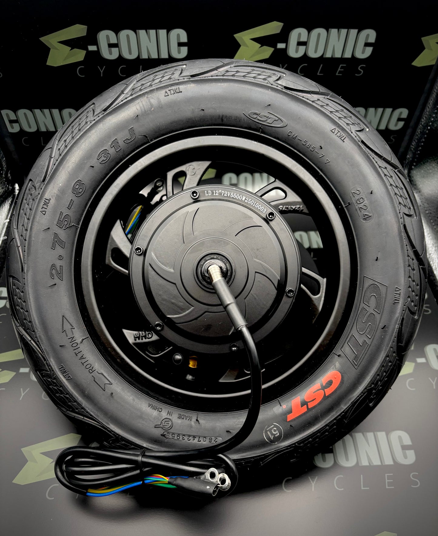 Motors:  12" Hub Motor (8" Actual Motor), 72V 5500w, Dual Phase Inputs w Optional 2.75-8 CST Tires