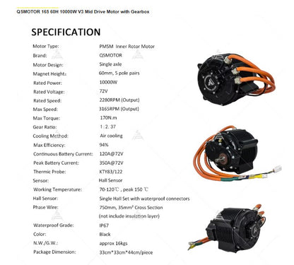 Motors:  QS165 v3, 60H, 10kw Hall Sensor Motor w 428 Sprocket (14T)