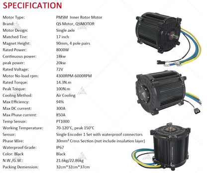 Motors:  QS180 90H, 72V 8kw Encoder Motor w 520 Sprocket (13T)